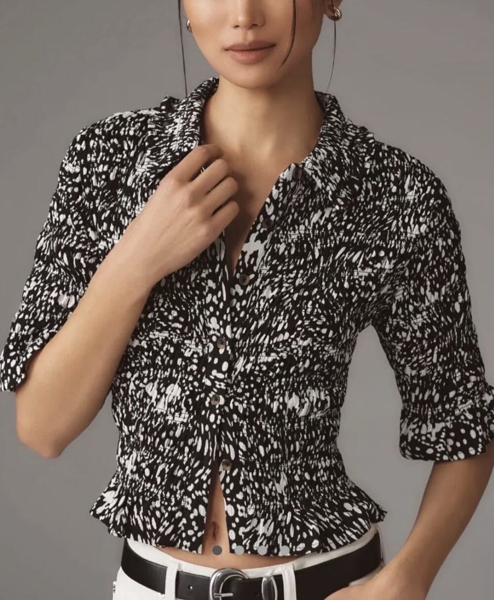 Anthropologie Maeve Smocked Button Front Top Black White Size Medium
